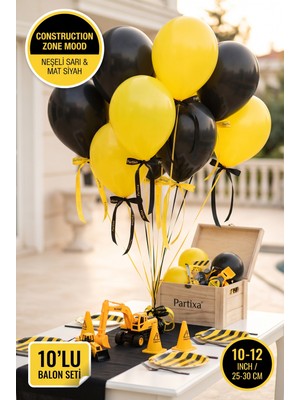Partixa Inşaat Şantiyesi Konsepti 10'lu Lateks Balon Seti Mat Doğal Lateks Kepçe Iş Makinesi Doğum Günü Balonları Neşeli Sarı Mat Siyah