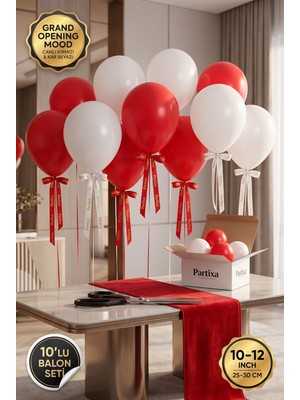 Partixa Mağaza Iş Yeri Açılış 10'lu Lateks Balon Seti Mat Doğal Lateks Kurumsal Tören ve Kutlama Balonları Canlı Kırmızı Kar Beyazı