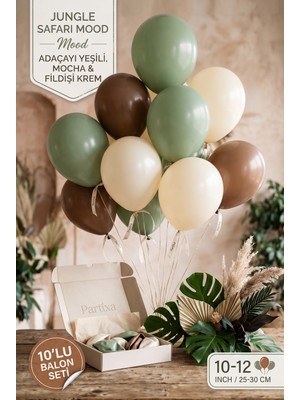 Partixa Safari Konsepti 10'lu Lateks Balon Seti Mat Doğal Lateks Doğum Günü ve Baby Shower Balonları Adaçayı Yeşili Mocha Fildişi Krem