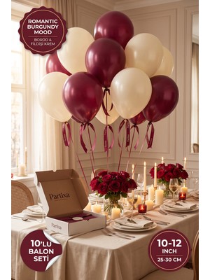 Partixa Romantik Bordo 10'lu Lateks Balon Seti Mat Doğal Lateks Söz Nişan Kına Yıldönümü Balonları Bordo Fildişi Krem