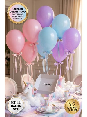 Partixa Unicorn Konsepti 10'lu Lateks Balon Seti Mat Doğal Lateks Masalsı Doğum Günü Balonları Soft Pembe Bebek Mavisi Lavanta
