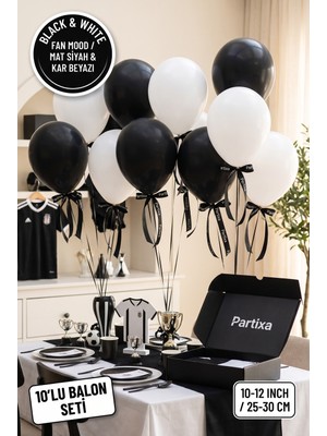 Partixa Siyah Beyaz Taraftar 10'lu Lateks Balon Seti Mat Doğal Lateks Şampiyon Maç Kutlama Balonları Mat Siyah Kar Beyazı
