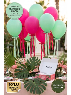 Partixa Flamingo Tropikal Konsept 10'lu Lateks Balon Seti Mat Doğal Lateks Havuz Başı Yaz Doğum Günü Balonları Fuşya Mint Yeşili