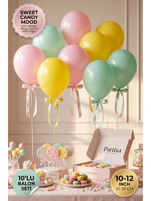 Partixa Candy Bar Şeker Konsepti 10'lu Lateks Balon Seti Mat Doğal Lateks Tatlı Parti Doğum Günü Balonları Soft Pembe Neşeli Sarı Mint Yeşili