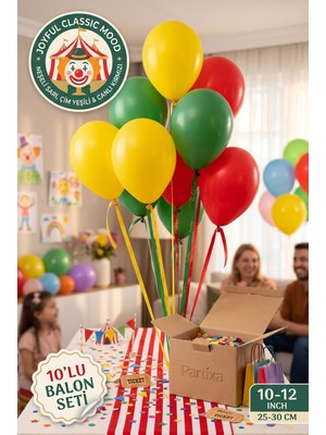Partixa Neşeli Klasik Parti 10'lu Lateks Balon Seti Mat Doğal Lateks Sirk ve Oyun Konsepti Doğum Günü Balonları Neşeli Sarı Çim Yeşili Canlı Kırmızı