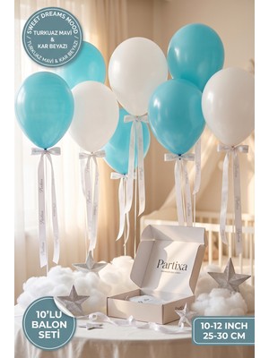 Partixa Bulut Temalı Baby Shower 10'lu Lateks Balon Seti Mat Doğal Lateks Tatlı Düşler Konsept Balonlar Turkuaz Mavi Kar Beyazı