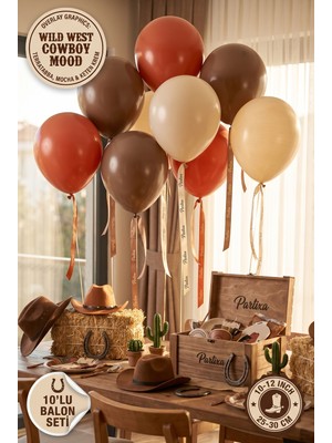 Partixa Kovboy Vahşi Batı Konsepti 10'lu Lateks Balon Seti Mat Doğal Lateks Rustik Doğum Günü Balonları Terracotta Taba Mocha Keten Krem
