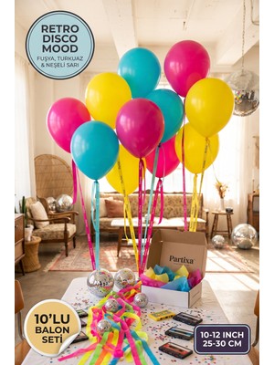 Partixa 80'ler 90'lar Retro Disco Partisi 10'lu Lateks Balon Seti Mat Doğal Lateks Renkli Neşeli Yetişkin Balonları Fuşya Turkuaz Neşeli Sarı