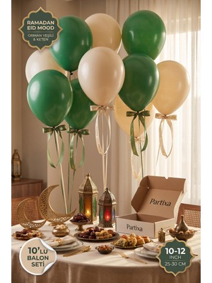Partixa Ramazan ve Bayram Konsepti 10'lu Lateks Balon Seti Mat Doğal Lateks Bayram Kutlama ve Mevlid Balonları Orman Yeşili Keten