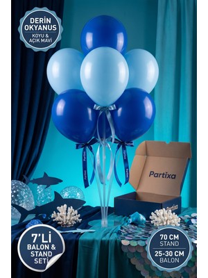 Partixa Derin Okyanus Köpekbalığı Konsept Balon Standı Seti 70 cm Masa Standı 7 Adet Lateks Balon Mavi Tonları