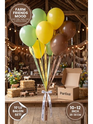 Partixa Çiftlik Dostları Konsepti 10'lu Lateks Balon Seti Mat Doğal Lateks Sevimli Çiftlik Doğum Günü Balonları Açık Yeşil Neşeli Sarı Mocha Kahve