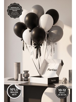 Partixa Minimalist Monokrom 10'lu Lateks Balon Seti Mat Doğal Lateks Modern Yetişkin Doğum Günü Balonları Mat Siyah Duman Grisi Kar Beyazı