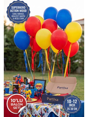 Partixa Süper Kahraman Konsepti 10'lu Lateks Balon Seti Mat Doğal Lateks Çizgi Roman Doğum Günü Balonları Canlı Kırmızı Kraliyet Mavisi Neşeli Sarı