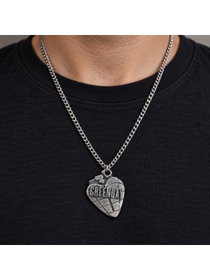 Herşey Nota Green Day Müzik Grubu Logolu Kalp Figürlü Gümüş Renk Zincirli Erkek Kolye
