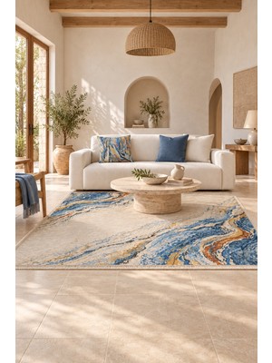 Fuly Consept Home Design Fuly Consept Stoneflow Azure Kaymaz Tabanlı Saçaklı Yıkanabilir Halı Mavi Bej