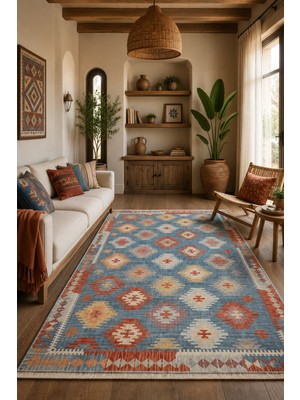 Fuly Consept Home Design Etnik Kilim Desenli Saçaklı Halı Mavi Kiremit Bohem Dekoratif 3050