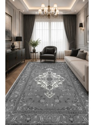 Fuly Consept Home Design Gri Antrasit Klasik Madalyon Desenli Dekoratif Salon Halısı 3044-4