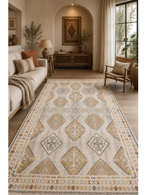 Fuly Consept Home Design Kilim Desenli Etnik Geometrik Saçaklı Halı Krem Bej 3048