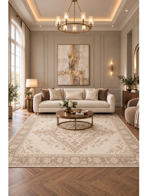 Fuly Consept Home Design Oushak Pearl Krem Bej Vintage Çiçek Desenli Salon Halısı