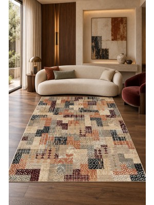 Fuly Consept Home Design Patchwork Geometrik Desenli Dijital Baskılı Halı Bej Kiremit Bordo
