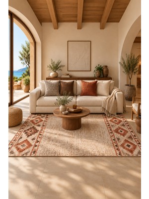 Fuly Consept Home Design Nomad Terra Bej Kiremit Kahverengi Geometrik Desenli Bohem Halı