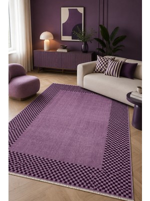 Fuly Consept Home Design Mürdüm Lila Damalı Bordürlü Modern Halı Geometrik Salon ve Oda Halısı 3047-4