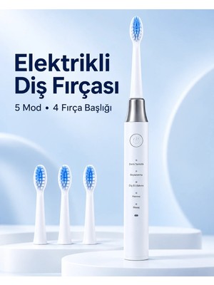 Milas Toptan mt 1. Hassas ve Masaj Modlu USB Şarjlı Beyaz Elektrikli Diş Fırçası 3 Başlık Hediyeli