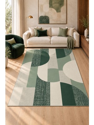 Fuly Consept Home Design Yeşil Krem Geometrik Desenli Modern Salon ve Oturma Odası Halısı Arco Sage