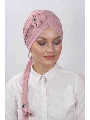 Mestore Çiçekli Örgülü Hazır Bone  Pudra