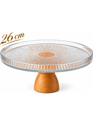 Aşkana Cam Ayaklı Pasta Standı,26 Cm, %100 Doğal Bambu Ahşap Ayaklı Kek Fanusu, Sunum Tabağı, Servis Tabağı