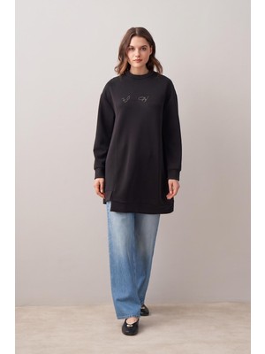 Allday B16049A0 Kadın Yumuşak Dokulu Boncuk Nakışlı Sweatshirt
