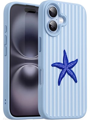 Fibaks iPhone 16 Kılıf Mavi Deniz Yıldızı Desenli Çizgili Kadifemsi Soft Touch Silikon Telefon Kılıfı