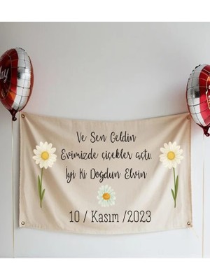 Puppetzzz Çiçekli Isme Özel Doğum Günü Flaması Arka Fonu Afişi Duvar Halısı Örtüsü 65X100CM
