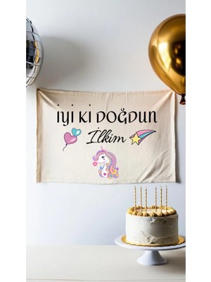 Puppetzzz Unicorn Isme Özel Doğum Günü Flaması Arka Fon Afiş 60X100CM