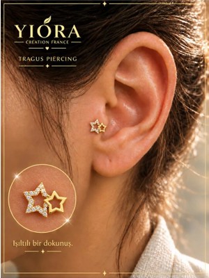 Yiora Ithal Çift Yıldız Figürlü Zirkon Taşlı Cerrahi Çelik Altın Renk Flatback Piercing – Tragus, Helix, Kıkırdak, Conch - (Düz Arka, Önden Açılan)