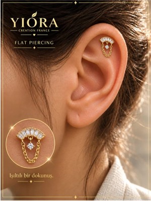 Yiora Ithal Baget ve Tek Taşlı Sallantı Zincir Deatylı Cerrahi Çelik Altın Renk Flatback Piercing – Tragus, Helix, Kıkırdak, Conch - (Düz Arka, Önden Açılan)