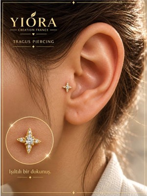 Yiora Ithal Yıldız Figürlü Cerrahi Çelik Zirkon Taşlı Altın Renk Flatback Piercing – Tragus, Helix, Kıkırdak - (Düz Arka, Önden Açılan)