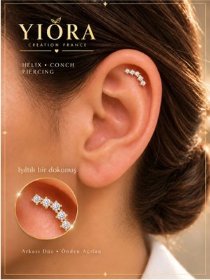 Yiora Ithal Beş Taşlı Kavisli Cerrahi Çelik Zirkon Taşlı Altın Renk Flatback Piercing – Tragus, Helix, Kıkırdak, Conch - (Düz Arka, Önden Açılan)