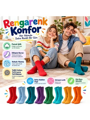 mery Unisex Renkli Çorap 8'li Set Günlük Rahat Esnek Uzun Soket Çorap Canlı Renkler Yumuşak Konforl