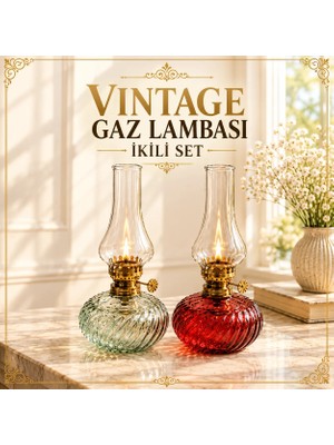 Plant-Home Vintage Gaz Lambası Ikili Set – Dekoratif Nostaljik Cam Gaz Lambası Kırmızı & Şeffaf