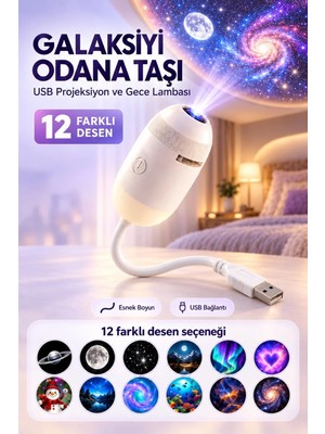 Asfal 12 Desenli USB Galaksi Yıldız Projeksiyon Gece Lambası Esnek Boyunlu Odak Ayarlı Beyaz