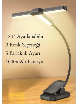 Asfal Şarjlı Klipsli LED Mini Okuma Lambası, 3 Işık Rengi, 5 Parlaklık, 180° Ayarlı, 1000MAH