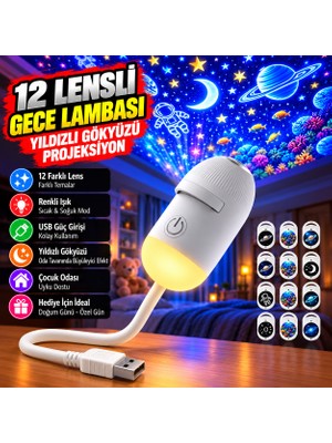 Roxiva 12 Diskli Galaksi Projektör Gece Lambası, Ay Yıldız Uzay Yansıtıcı, Esnek Boyunlu USB LED Oda Atmosfer Işığı 2'si 1 Arada Ambiyans Işık