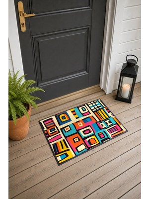 Painted Anarchy Renkli Afrika Kente Kare Desenli Kapı Önü Paspası 40X60 cm Kaymaz Tabanlı Dekoratif