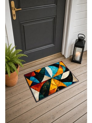 Painted Anarchy Turuncu Mavi Geometrik Desenli 886 Kapı Önü Paspası 40X60 cm Kaymaz Tabanlı Dekoratif
