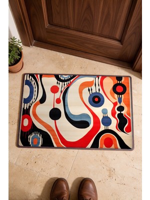 Painted Anarchy Krem Turuncu Retro Akışkan Türk Halısı Desenli Kapı Önü Paspası 40X60 cm Kaymaz Tabanlı