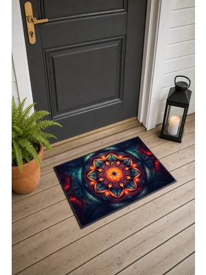 Painted Anarchy Turuncu Mavi Mandala Desenli 963 Kapı Önü Paspası 40X60 cm Kaymaz Tabanlı Dekoratif