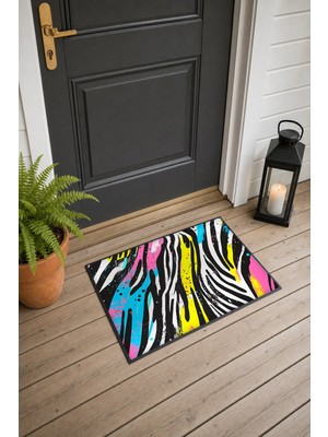 Painted Anarchy Neon Renkli Zebra Desenli Kapı Önü Paspası 40X60 cm Kaymaz Tabanlı Dekoratif