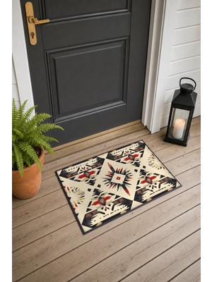 Painted Anarchy Bej Siyah Navajo Kilim Desenli Kapı Önü Paspası 40X60 cm Kaymaz Tabanlı Dekoratif