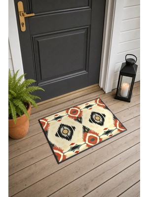 Painted Anarchy Krem Turuncu Ikat Motif Desenli Kapı Önü Paspası 40X60 cm Kaymaz Tabanlı Dekoratif